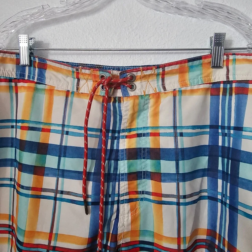 Tommy Bahama Relax Mens XL Plaid Swim Trunks Blue Orange Board Shorts Mesh Liner